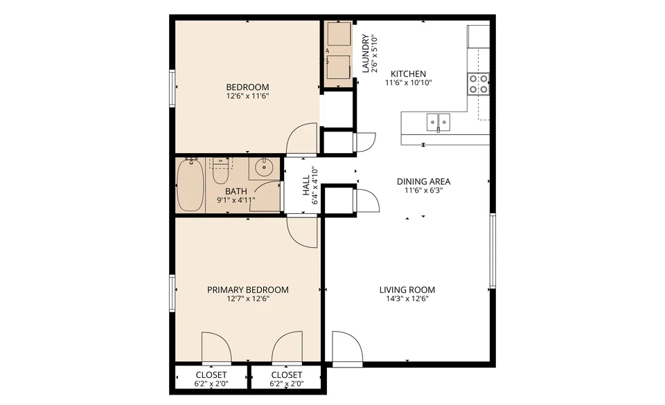 2-Bedroom, 1-Bath with W/D Connections floor plan at Autumn Run Apartments in Balch Springs, TX — 2 bed · 1 bath, 870 sq ft