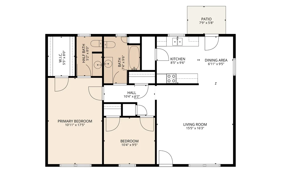 2-Bedroom, 1.5-Bath floor plan at Autumn Run Apartments in Balch Springs, TX — 2 bed · 1.5 bath, 988 sq ft
