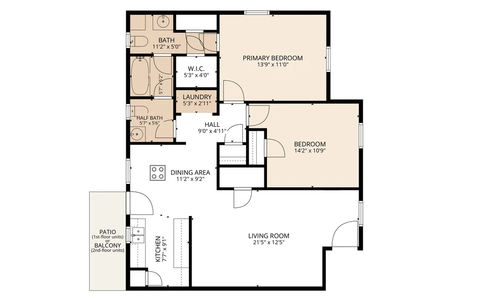 2-Bedroom, 1.5-Bath with W/D Connections floor plan at Autumn Run Apartments in Balch Springs, TX — 2 bed · 1.5 bath, 1,015 sq ft