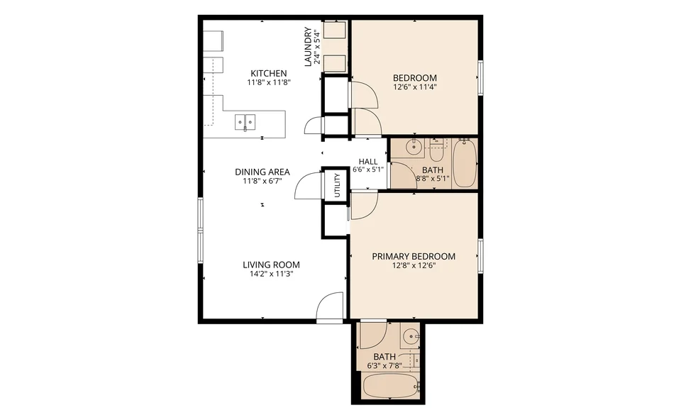 2-Bedroom, 2-Bath with W/D Connections floor plan at Autumn Run Apartments in Balch Springs, TX — 2 bed · 2 bath, 1,026 sq ft