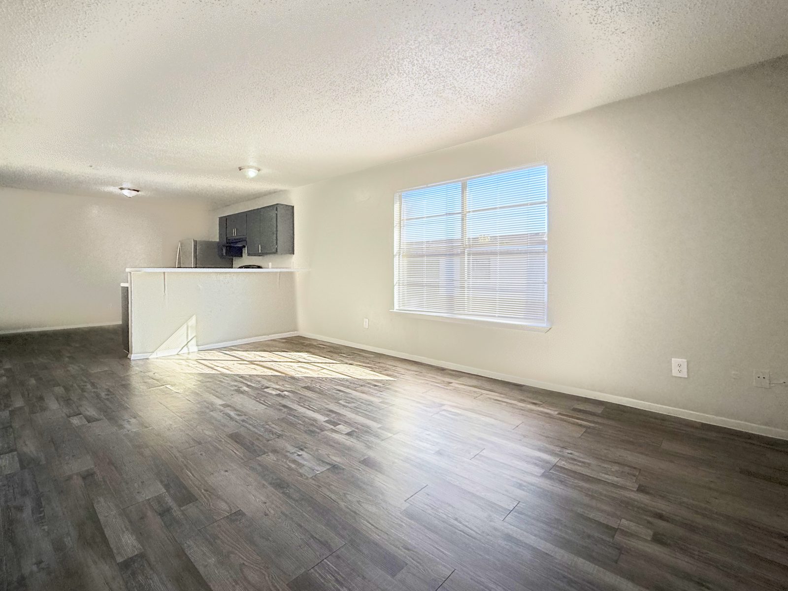 Open living room with wood-look floor, large window with blinds and kitchen bar in the back