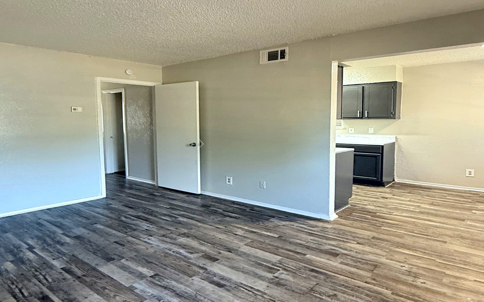 Open living area with vinyl plank floors and a doorway to the kitchen
