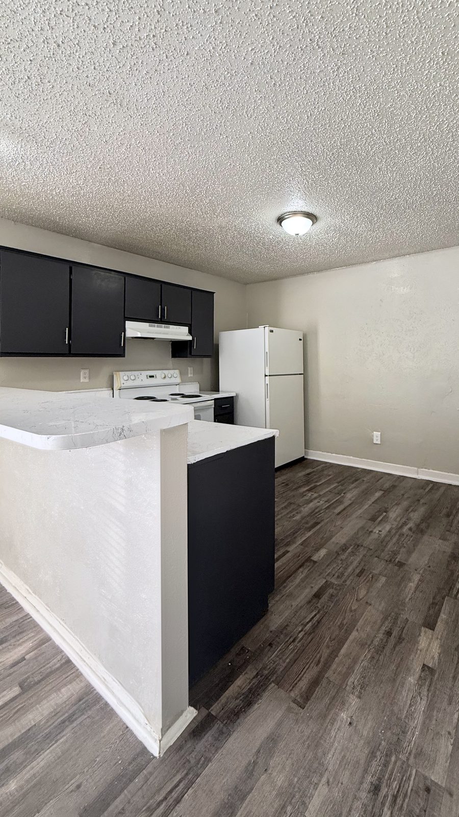 Kitchen with dark cabinets, white refrigerator and range, peninsula counter and wood-look floor