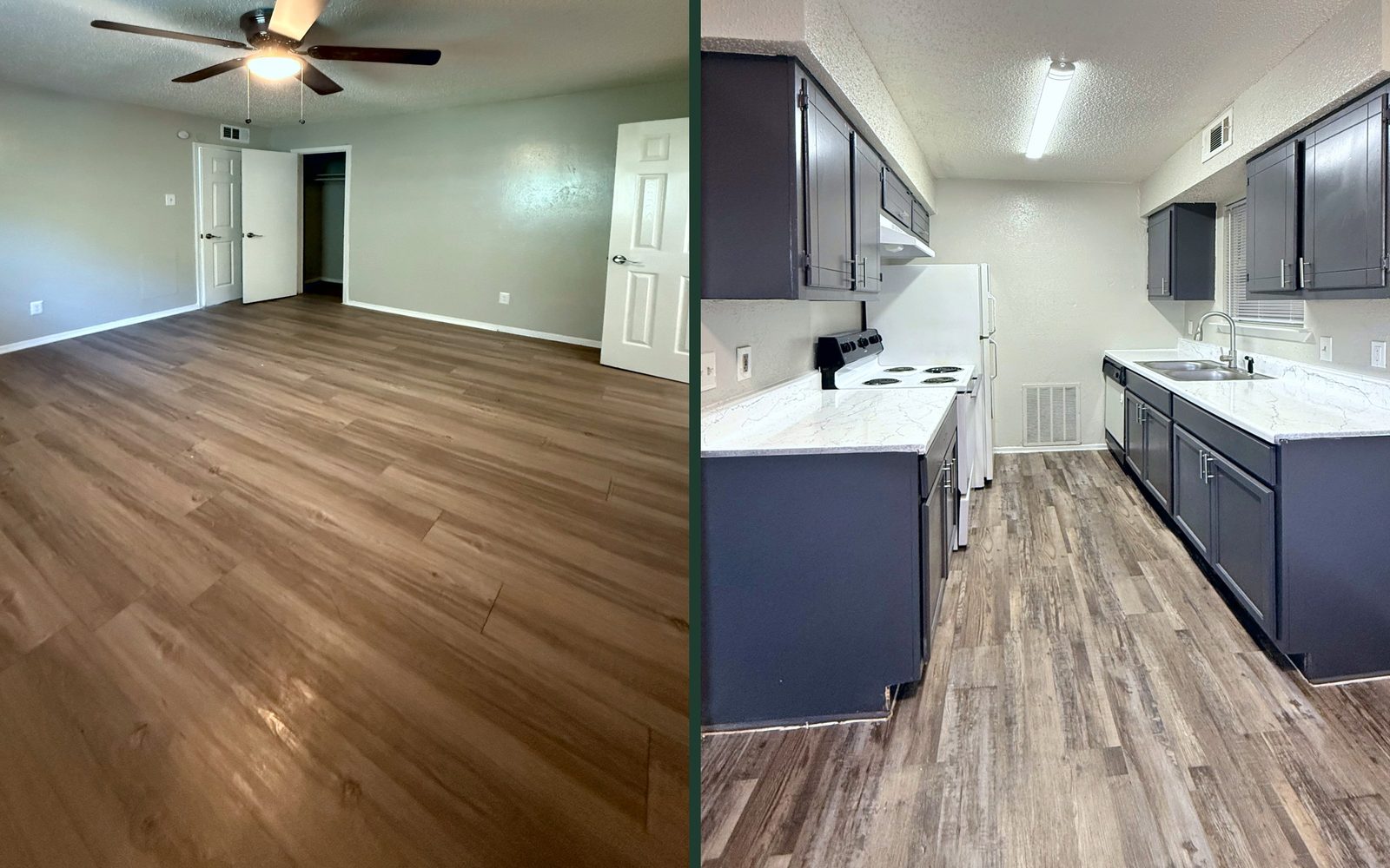 Bedroom with a ceiling fan next to a galley kitchen with gray cabinets