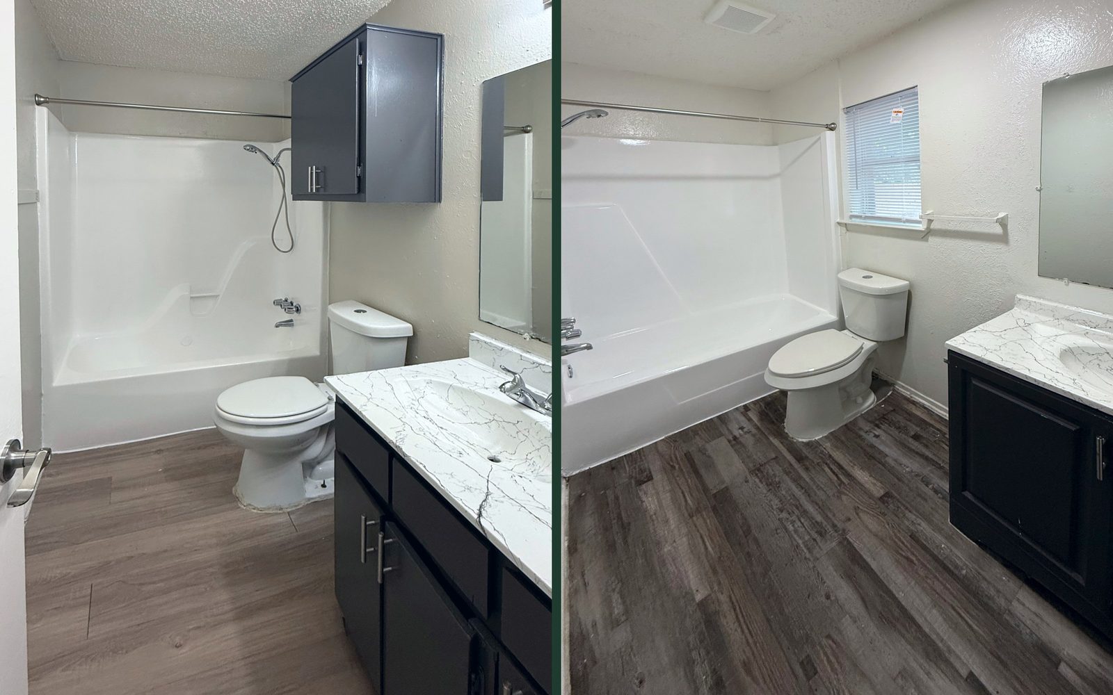 Two bathrooms with a tub and shower, a toilet and a dark vanity