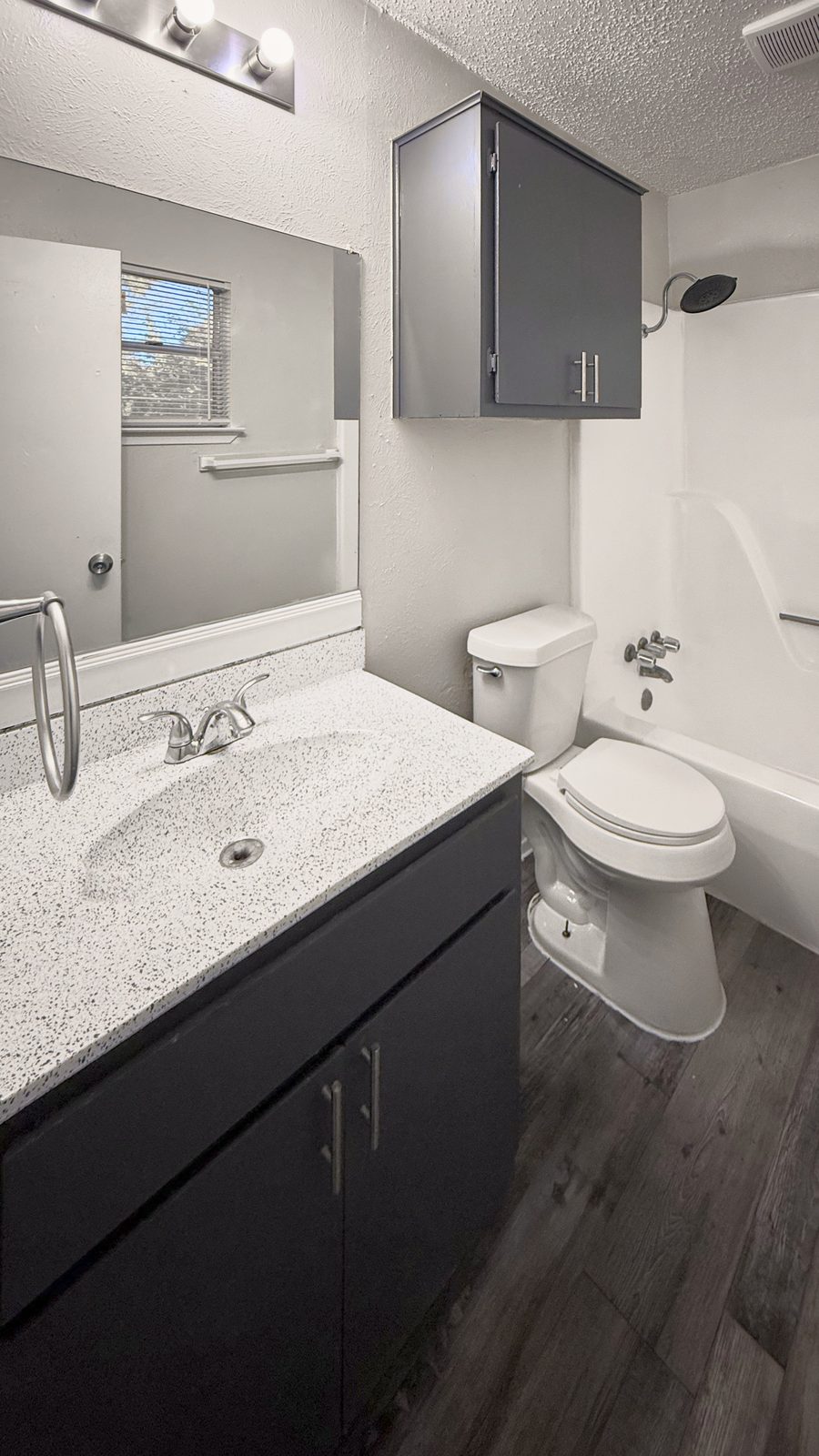 Bathroom with granite vanity, dark cabinets, mirror, toilet and tub with shower