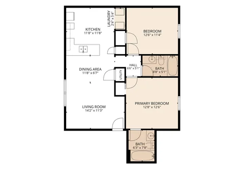 2-Bedroom, 2-Bath with W/D Connections floor plan at Autumn Run Apartments in Balch Springs, TX — 2 bed · 2 bath, 1,026 sq ft